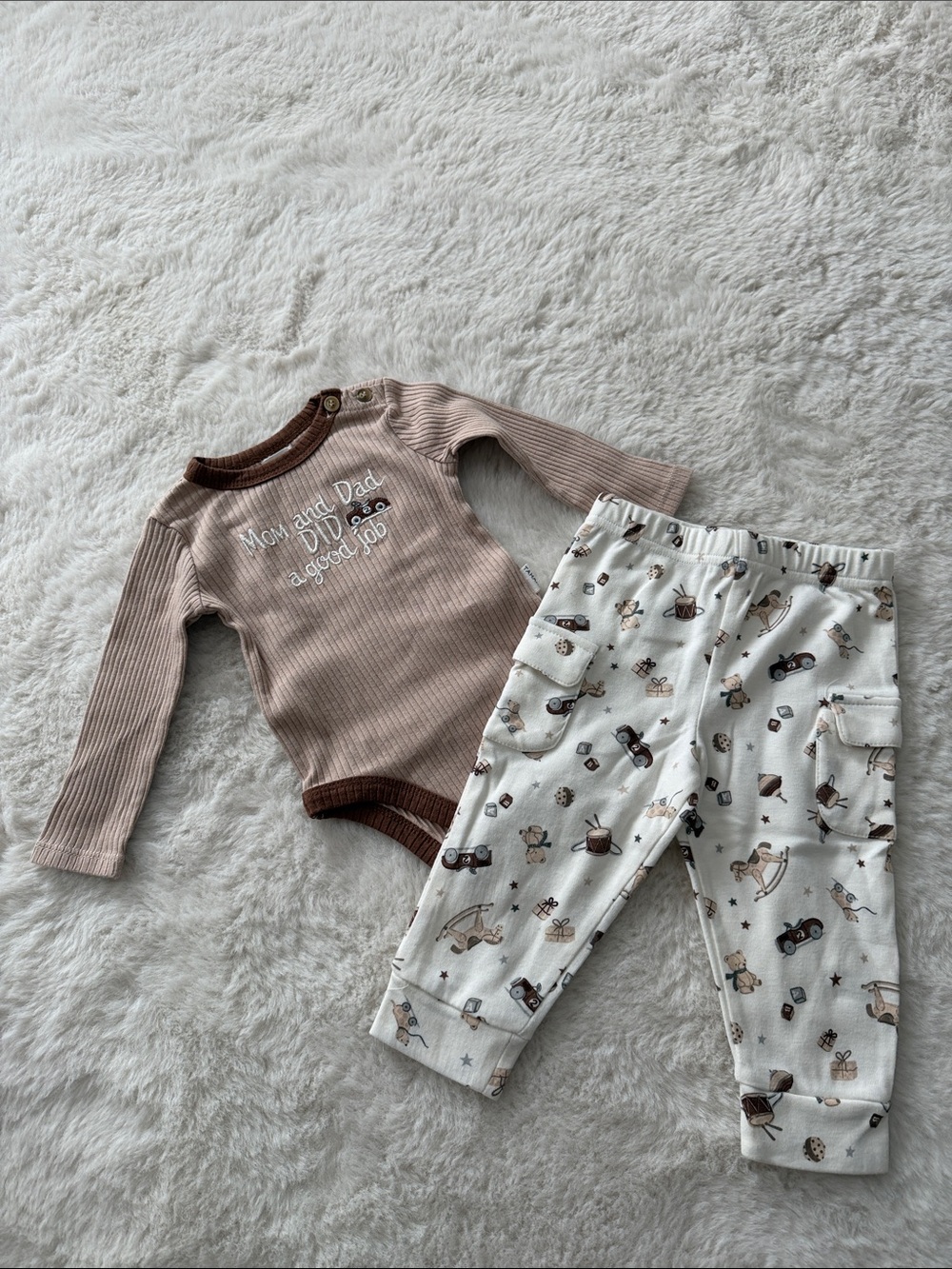 Neutral Ribbed Baby Bodysuit & Printed Cargo Pants Set - Brown & Cream